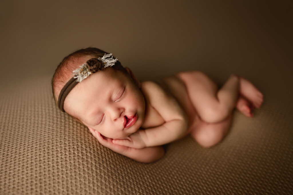 Baby girl posed on a brown textured backdrop with a brown bow. Her hands are folded like a prayer and rested under her face in a sleepy pose during her newborn session.