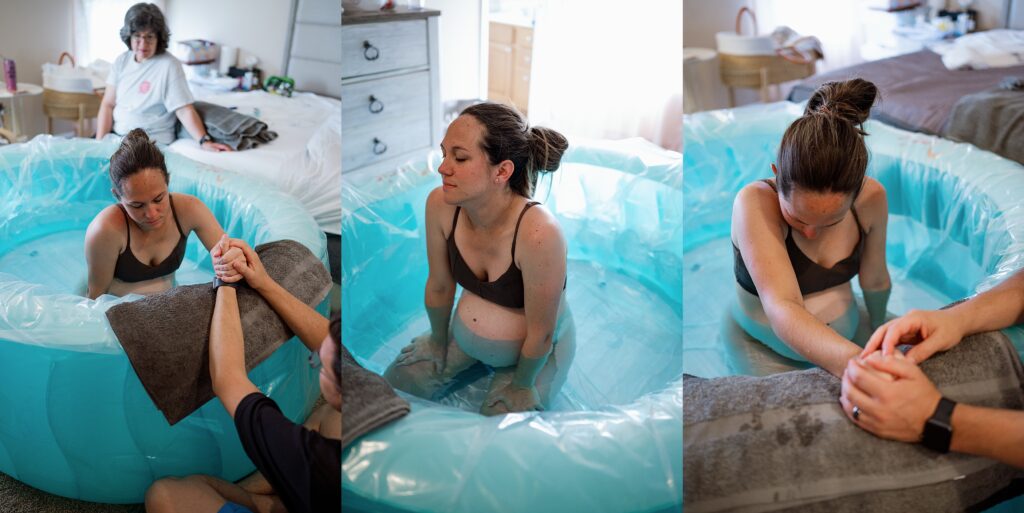 Three images of a mom laboring in a birth pool