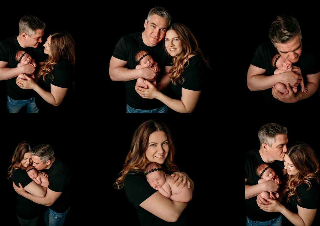 Collage of family portraits of mom and dad with newborn baby girl. Posed on a black backdrop. 
