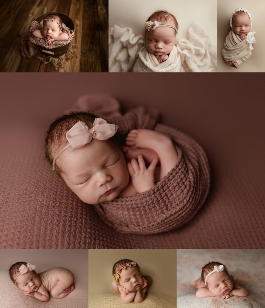 A collage of portraits of a newborn baby girl posed carefully on several different backdrops and different poses. 