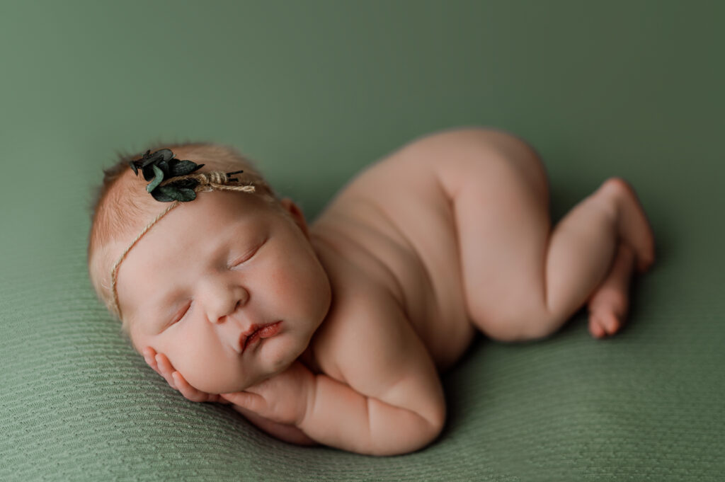 photo of baby girl posed on her side on a sage backdrop. 