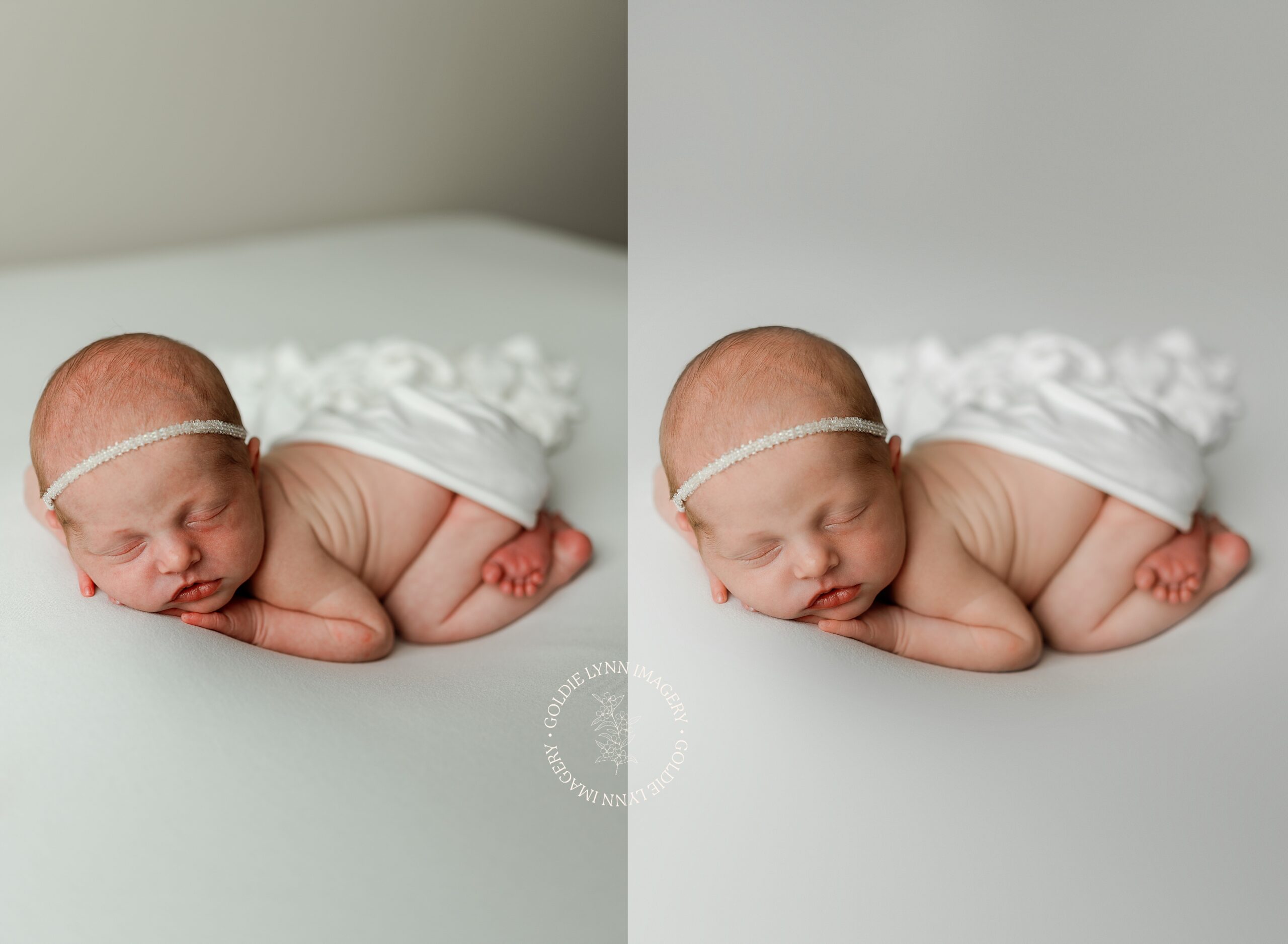 before and after of a newborn portrait that was retouched